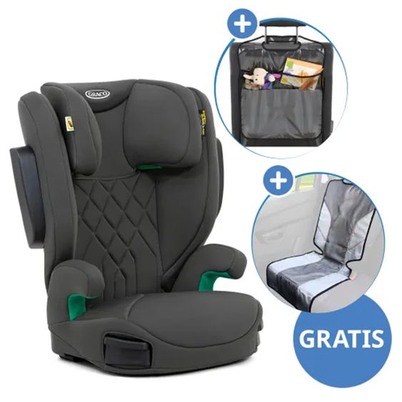 Graco Kindersitz Eversure i-Size ab 3 Jahre - 12 Jahre (100 cm - 150 cm) inkl. 2 Getränkehalter + GRATIS Autositz-Schutzunterlage + Rückenlehnen-Schutz - Iron