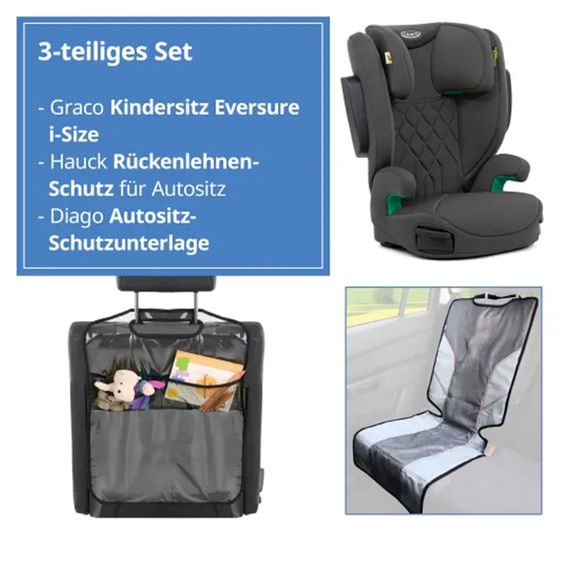 Graco Kindersitz Eversure i-Size ab 3 Jahre - 12 Jahre (100 cm - 150 cm) inkl. 2 Getränkehalter + GRATIS Autositz-Schutzunterlage + Rückenlehnen-Schutz - Iron