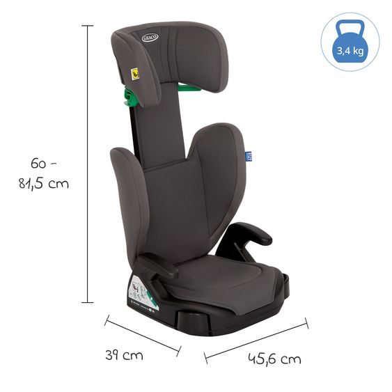 Graco Kindersitz Junior Maxi i-Size R129 ab 3,5 Jahre - 12 Jahre (100 cm - 150 cm) inkl. Getränkehalter nur 3,5 kg leicht - Iron