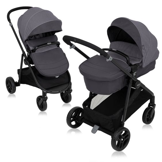 Graco Kombi-Kinderwagen & Buggy Transform bis 22 kg belastbar - mit zur Babywanne umbaubarer Sitzeinheit, Liegeposition inkl. Regenverdeck & Fußdecke - Slate