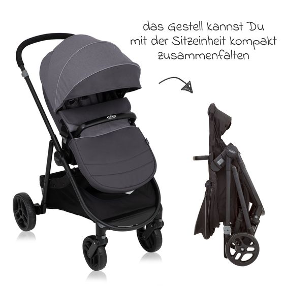 Graco Kombi-Kinderwagen & Buggy Transform bis 22 kg belastbar - mit zur Babywanne umbaubarer Sitzeinheit, Liegeposition inkl. Regenverdeck & Fußdecke - Slate