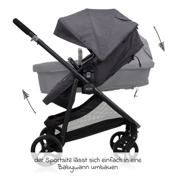 Graco Kombi-Kinderwagen & Buggy Transform bis 22 kg belastbar - mit zur Babywanne umbaubarer Sitzeinheit, Liegeposition inkl. Regenverdeck & Fußdecke - Slate