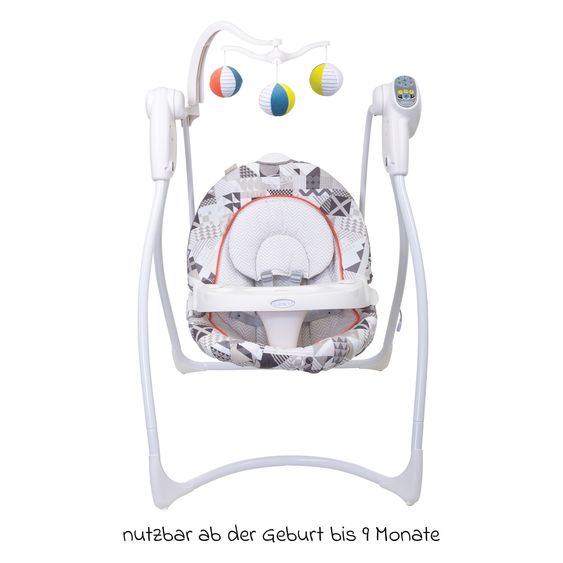 Graco Schaukel Lovin Hug ab Geburt - 9 Monate mit abnehmbarem Tablett inkl. Mobile mit 3 Stoff-Bällen - Patchwork Grey