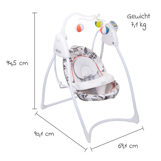 Graco Schaukel Lovin Hug ab Geburt - 9 Monate mit abnehmbarem Tablett inkl. Mobile mit 3 Stoff-Bällen - Patchwork Grey