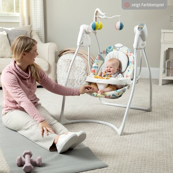 Graco Schaukel Lovin Hug ab Geburt - 9 Monate mit abnehmbarem Tablett inkl. Mobile mit 3 Stoff-Bällen - Patchwork Grey