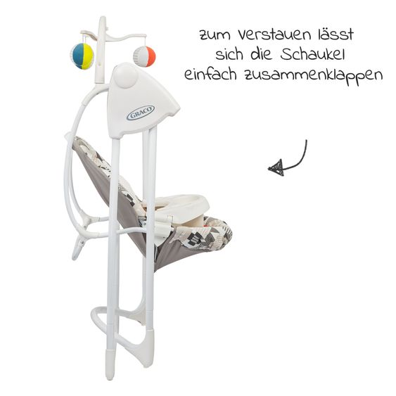 Graco Schaukel Lovin Hug ab Geburt - 9 Monate mit abnehmbarem Tablett inkl. Mobile mit 3 Stoff-Bällen - Patchwork Grey