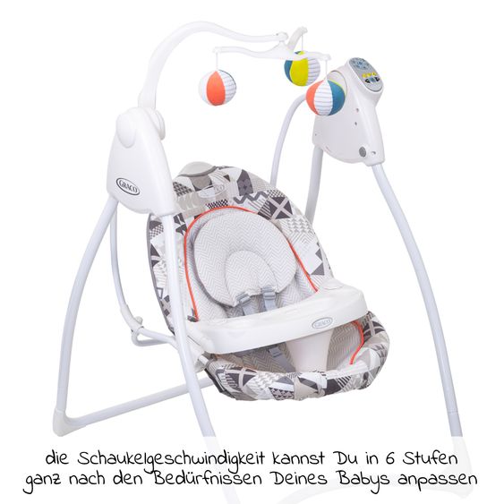 Graco Schaukel Lovin Hug ab Geburt - 9 Monate mit abnehmbarem Tablett inkl. Mobile mit 3 Stoff-Bällen - Patchwork Grey