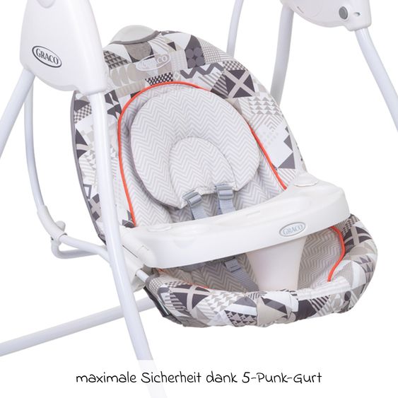 Graco Schaukel Lovin Hug ab Geburt - 9 Monate mit abnehmbarem Tablett inkl. Mobile mit 3 Stoff-Bällen - Patchwork Grey