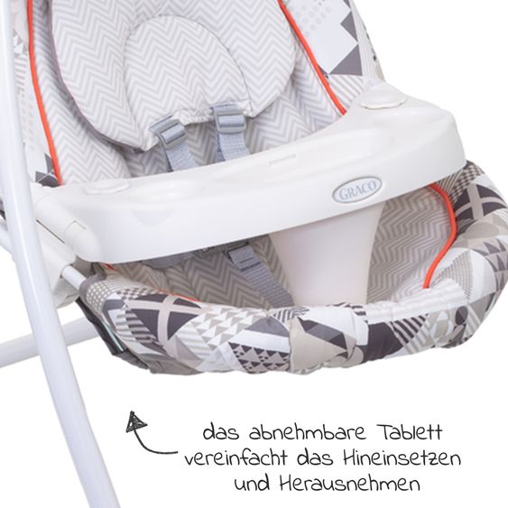 Graco Schaukel Lovin Hug ab Geburt - 9 Monate mit abnehmbarem Tablett inkl. Mobile mit 3 Stoff-Bällen - Patchwork Grey