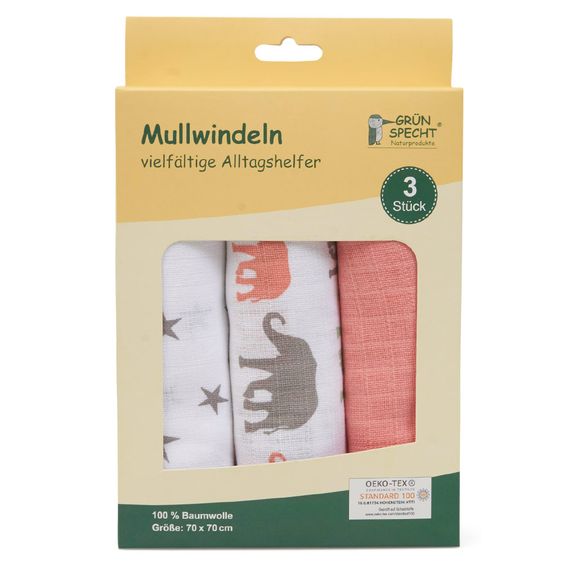 Grünspecht Mullwindel 3er Pack 70 x 70 cm - Koralle
