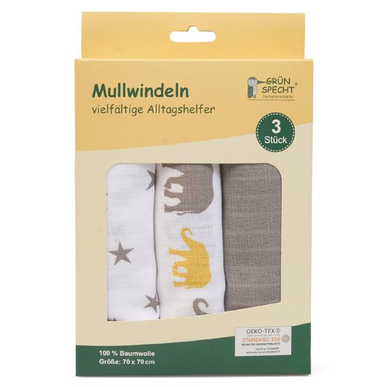 Grünspecht Mullwindel 3er Pack 70 x 70 cm - Taupe