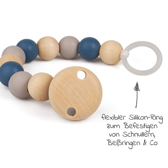 Grünspecht Schnullerkette mit Kautschuk- und Holzperlen - Blau Grau