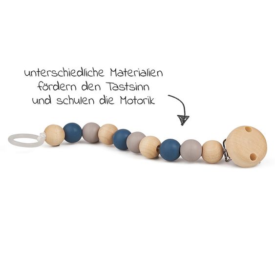 Grünspecht Schnullerkette mit Kautschuk- und Holzperlen - Blau Grau