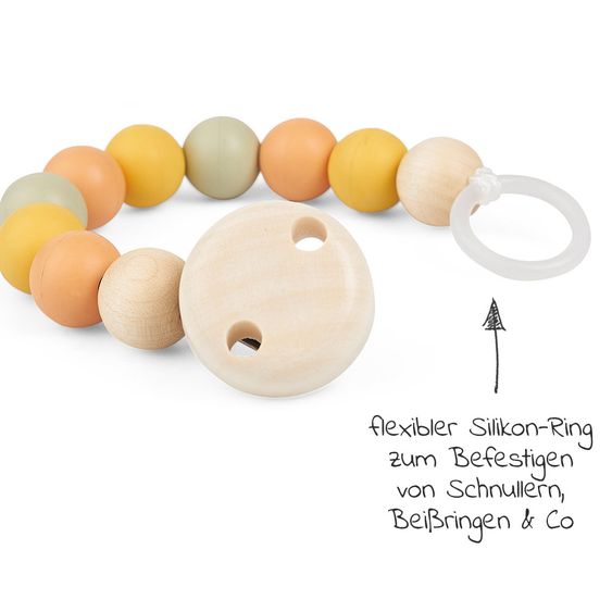Grünspecht Schnullerkette mit Kautschuk- und Holzperlen - Gelb Orange Mint