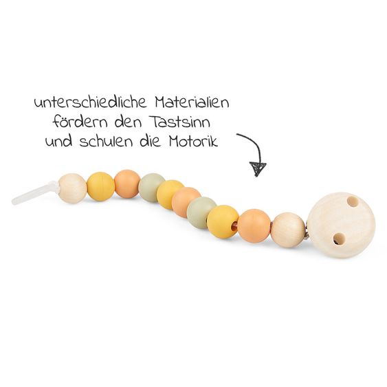 Grünspecht Schnullerkette mit Kautschuk- und Holzperlen - Gelb Orange Mint