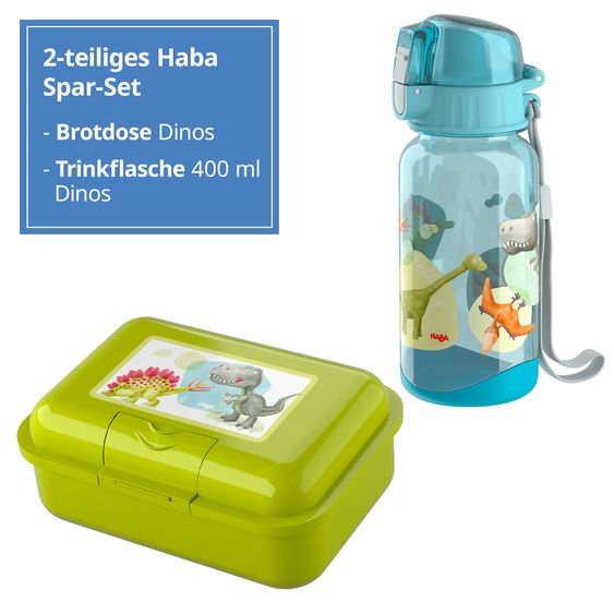 Haba Set economico da 2 pezzi biberon 400 ml + cestino per il pranzo - dinosauri