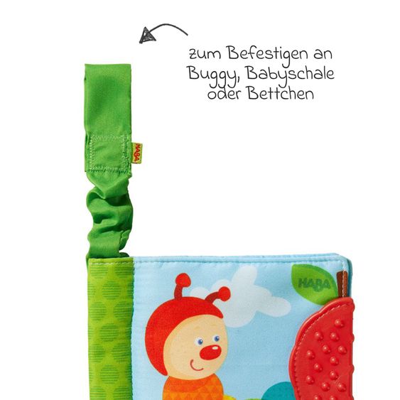 Haba Buggy book with bite corner - roe bow caterpillar - green