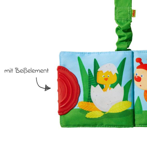 Haba Buggy book with bite corner - roe bow caterpillar - green