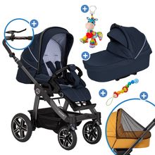 2in1 baby carriage set Racer GTS up to 22 kg load capacity with folding bag Trend, mosquito net, rain cover, pacifier chain & play animal - Navy Stripes