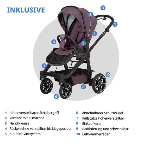 Hartan 2in1 Kombi-Kinderwagen-Set Rock IT GTR Outdoor bis 22 kg belastbar mit Knickschieber, Handbremse, Sportsitz, Falttasche Premium & Regenschutz - Amethyst