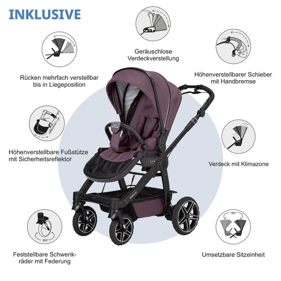 Hartan 2in1 Kombi-Kinderwagen-Set Rock IT GTR Outdoor bis 22 kg belastbar mit Knickschieber, Handbremse, Sportsitz, Falttasche Premium & Regenschutz - Amethyst