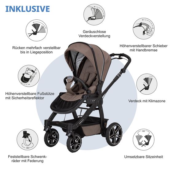 Hartan 2in1 Kombi-Kinderwagen-Set Rock IT GTR Outdoor bis 22 kg belastbar mit Knickschieber, Handbremse, Sportsitz, Falttasche Premium & Regenschutz - Toffee