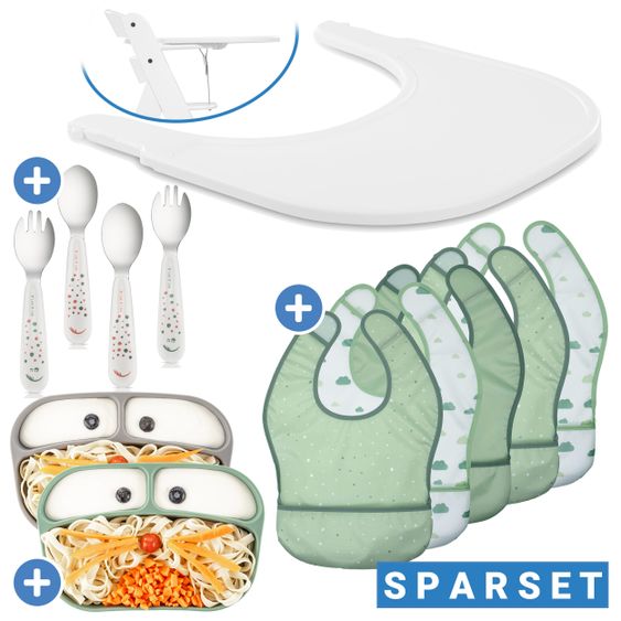 Hauck 12-tlg. Esslern-Set für Alpha Plus - Essbrett Click Tray + 2x Teller + 2x Besteck + 5x Klettlätzchen - Weiß Grau Salbei