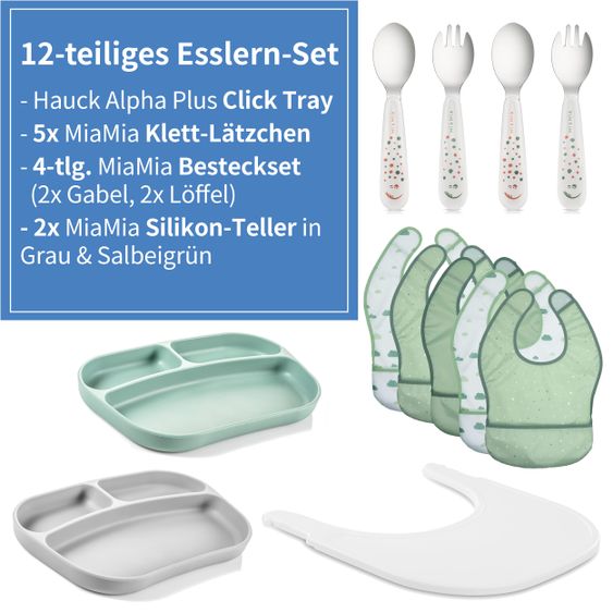 Hauck 12-tlg. Esslern-Set für Alpha Plus - Essbrett Click Tray + 2x Teller + 2x Besteck + 5x Klettlätzchen - Weiß Grau Salbei