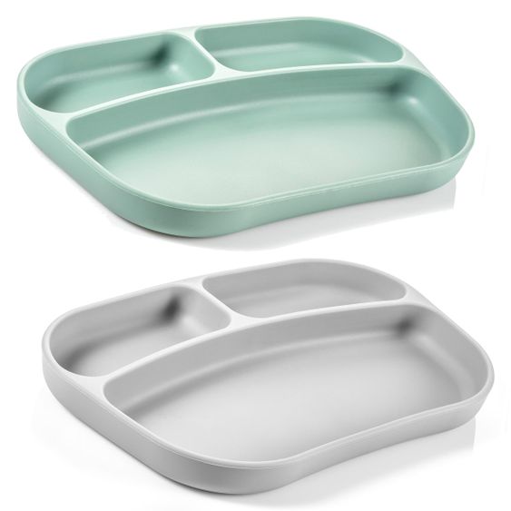 Hauck 12-tlg. Esslern-Set für Alpha Plus - Essbrett Click Tray + 2x Teller + 2x Besteck + 5x Klettlätzchen - Weiß Grau Salbei