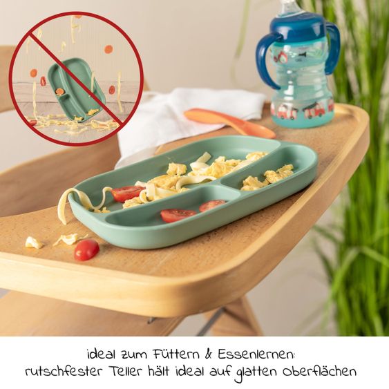 Hauck 12-tlg. Esslern-Set für Alpha Plus - Essbrett Click Tray + 2x Teller + 2x Besteck + 5x Klettlätzchen - Weiß Grau Salbei