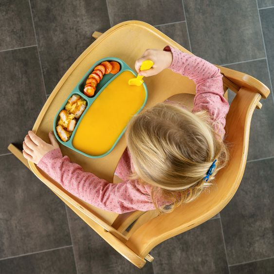 Hauck 12-tlg. Esslern-Set für Alpha Plus - Essbrett Click Tray + 2x Teller + 2x Besteck + 5x Klettlätzchen - Weiß Grau Salbei