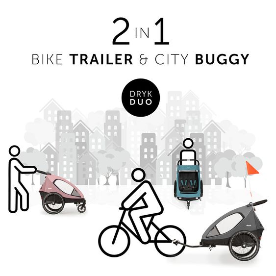 Hauck 2in1 Fahrradanhänger Dryk Duo für 2 Kinder (bis 44 kg) - Bike Trailer & City Buggy - Grey