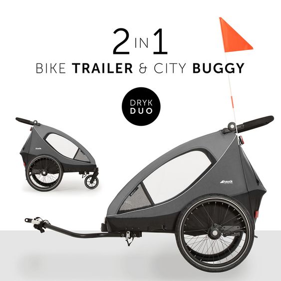 Hauck 2in1 Fahrradanhänger Dryk Duo für 2 Kinder (bis 44 kg) - Bike Trailer & City Buggy - Grey