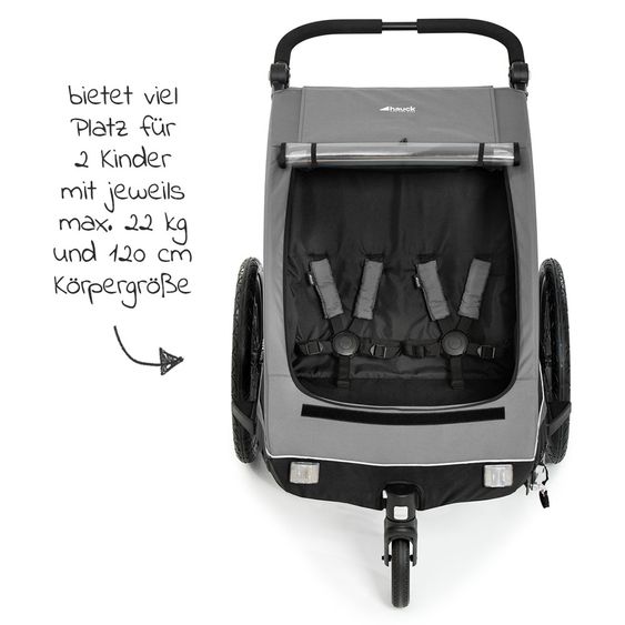 Hauck 2in1 Fahrradanhänger Dryk Duo für 2 Kinder (bis 44 kg) - Bike Trailer & City Buggy - Grey