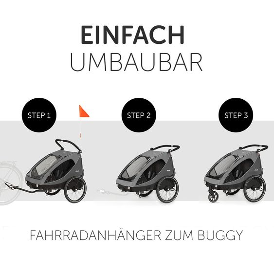 Hauck 2in1 Fahrradanhänger Dryk Duo für 2 Kinder (bis 44 kg) - Bike Trailer & City Buggy - Grey