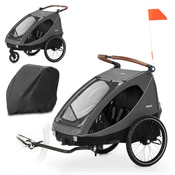 Hauck 2in1 Fahrradanhänger Dryk Duo für 2 Kinder (bis 44 kg) - Bike Trailer & City Buggy - inkl. Faltgarage - Melange Grey