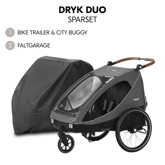 Hauck 2in1 Fahrradanhänger Dryk Duo für 2 Kinder (bis 44 kg) - Bike Trailer & City Buggy - inkl. Faltgarage - Melange Grey