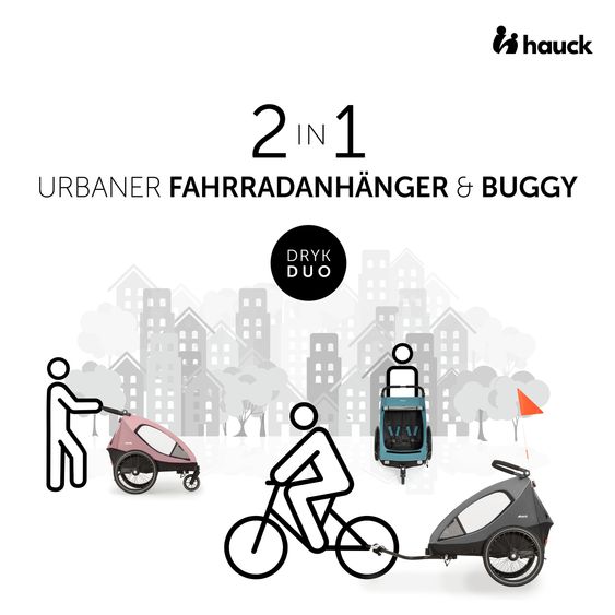 Hauck 2in1 Fahrradanhänger Dryk Duo für 2 Kinder (bis 44 kg) - Bike Trailer & City Buggy - inkl. Faltgarage - Melange Grey