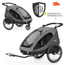 2in1 Fahrradanhänger Dryk Duo für 2 Kinder (bis 44 kg) - Bike Trailer & City Buggy - inkl. GRATIS Schutzpaket - Grey