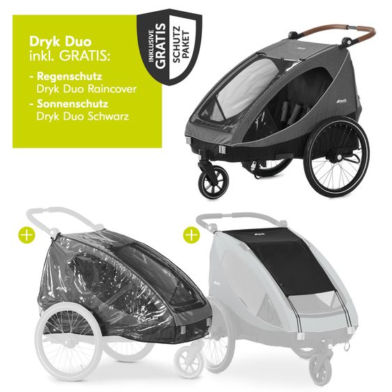 Hauck 2in1 Fahrradanhänger Dryk Duo für 2 Kinder (bis 44 kg) - Bike Trailer & City Buggy - inkl. GRATIS Schutzpaket - Melange Grey