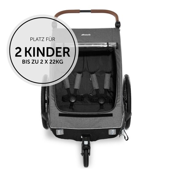 Hauck 2in1 Fahrradanhänger Dryk Duo für 2 Kinder (bis 44 kg) - Bike Trailer & City Buggy - inkl. GRATIS Schutzpaket - Melange Grey