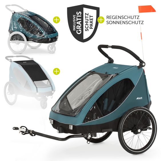 Hauck 2in1 Fahrradanhänger Dryk Duo für 2 Kinder (bis 44 kg) - Bike Trailer & City Buggy - inkl. GRATIS Schutzpaket - Ocean Green