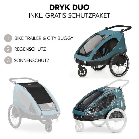 Hauck 2in1 Fahrradanhänger Dryk Duo für 2 Kinder (bis 44 kg) - Bike Trailer & City Buggy - inkl. GRATIS Schutzpaket - Ocean Green