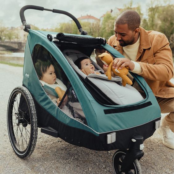 Hauck 2in1 Fahrradanhänger Dryk Duo für 2 Kinder (bis 44 kg) - Bike Trailer & City Buggy - inkl. GRATIS Schutzpaket - Ocean Green