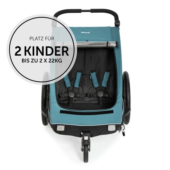 Hauck 2in1 Fahrradanhänger Dryk Duo für 2 Kinder (bis 44 kg) - Bike Trailer & City Buggy - inkl. GRATIS Schutzpaket - Ocean Green