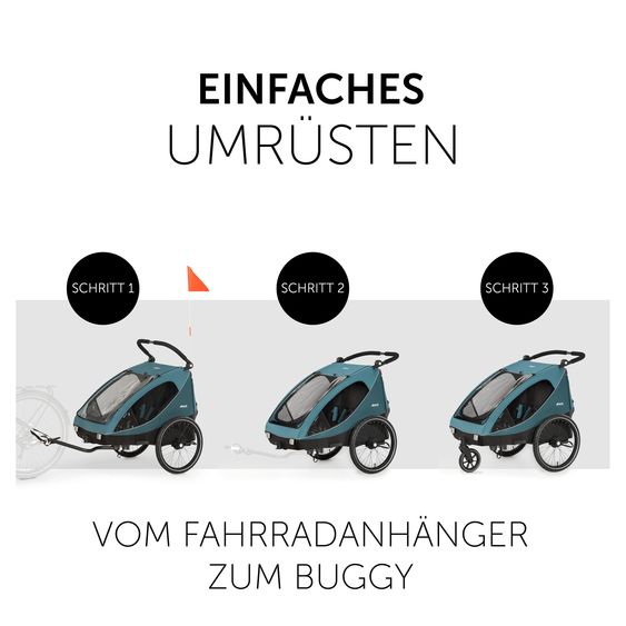 Hauck 2in1 Fahrradanhänger Dryk Duo für 2 Kinder (bis 44 kg) - Bike Trailer & City Buggy - inkl. GRATIS Schutzpaket - Ocean Green