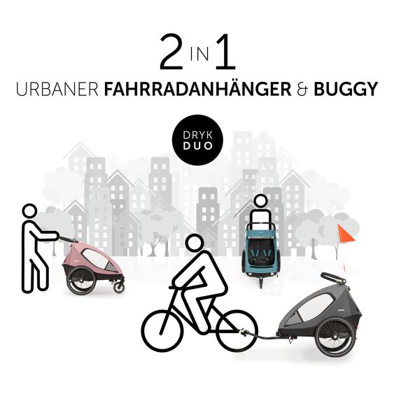 Hauck 2in1 Fahrradanhänger Dryk Duo für 2 Kinder (bis 44 kg) - Bike Trailer & City Buggy - Melange Grey