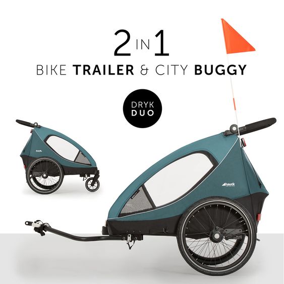 Hauck 2in1 Fahrradanhänger Dryk Duo für 2 Kinder (bis 44 kg) - Bike Trailer & City Buggy - Petrol