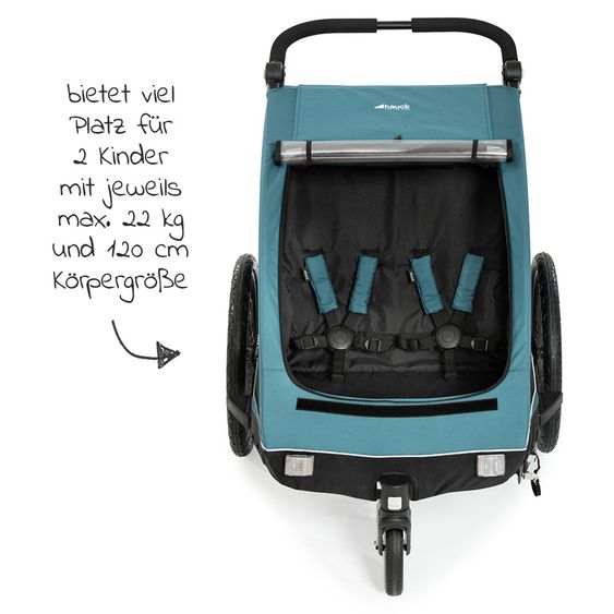 Hauck 2in1 Fahrradanhänger Dryk Duo für 2 Kinder (bis 44 kg) - Bike Trailer & City Buggy - Petrol