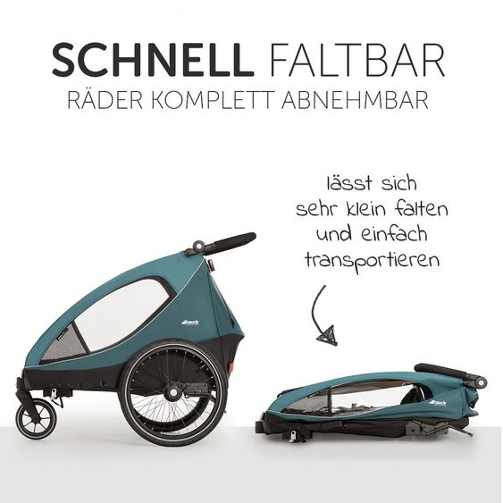 Hauck 2in1 Fahrradanhänger Dryk Duo für 2 Kinder (bis 44 kg) - Bike Trailer & City Buggy - Petrol